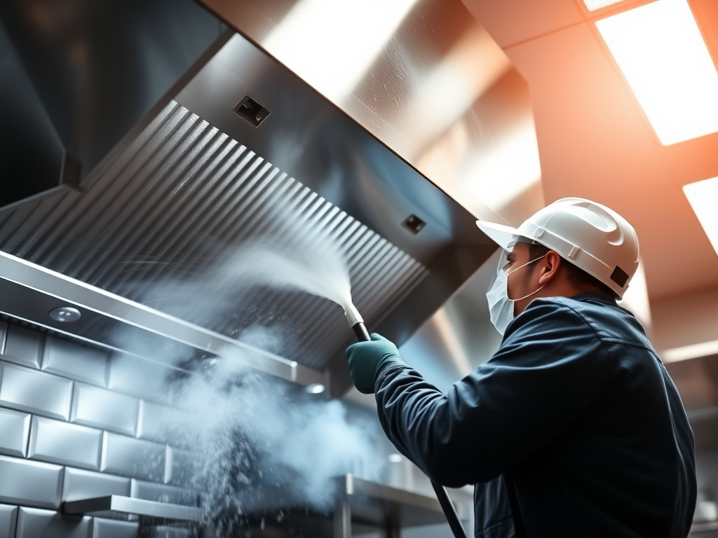 Technician in PPE pressure-washing a stainless steel commercial kitchen exhaust hood